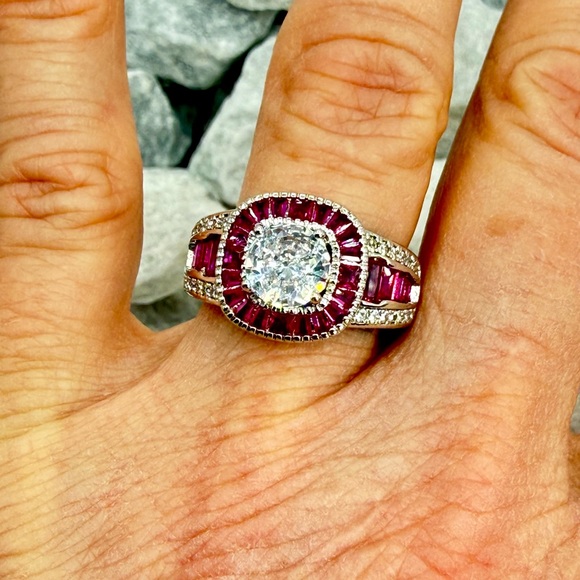 Lab Created Ruby Halo Ring 2.6 CT CZ Silver Tone Over Copper Sz 7.25 - Picture 11 of 17